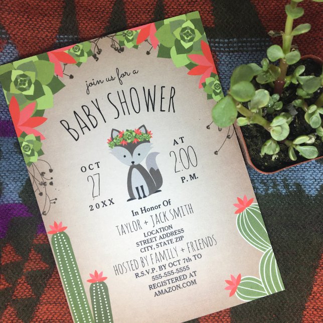 Wolf Pup Floral Cactus Desert Girl Baby Shower Einladung (Von Creator hochgeladen)