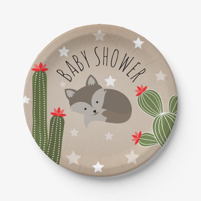 Wolf Pup Floral Succulent Cactus Baby Shower Pappteller (Vorderseite)