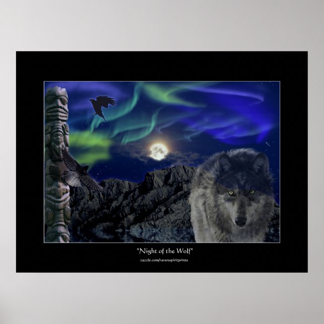 Wolf, Ravens, Totem Pole & Aurora Art Poster (Vorne)
