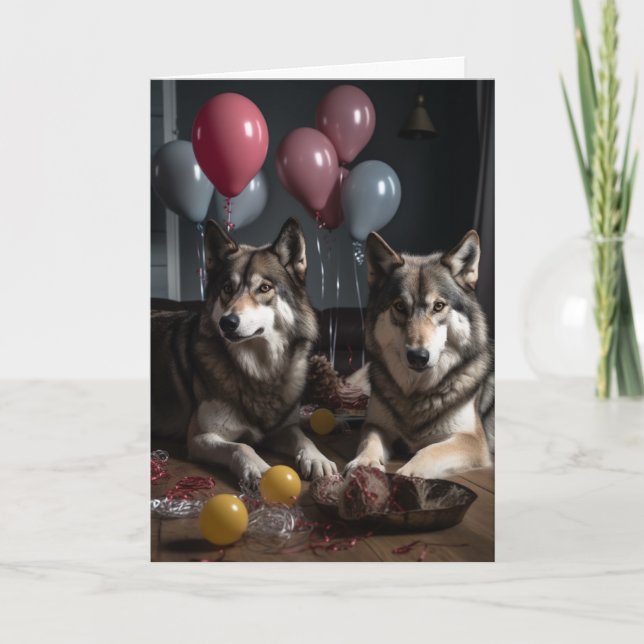 Wolf realistisch mit Balloons Geburtstag Karte (Vorderseite)