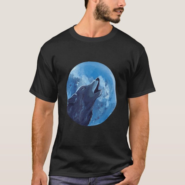Wolf Realistische Wolfen Tierhacken auf dem Mond W T-Shirt (Vorderseite)