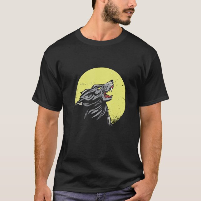 Wolf Realistische Wolfen Tierhacken auf dem Mond W T-Shirt (Vorderseite)