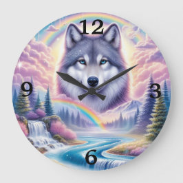 Wolf, Regenbogen und Wasserfälle Große Wanduhr