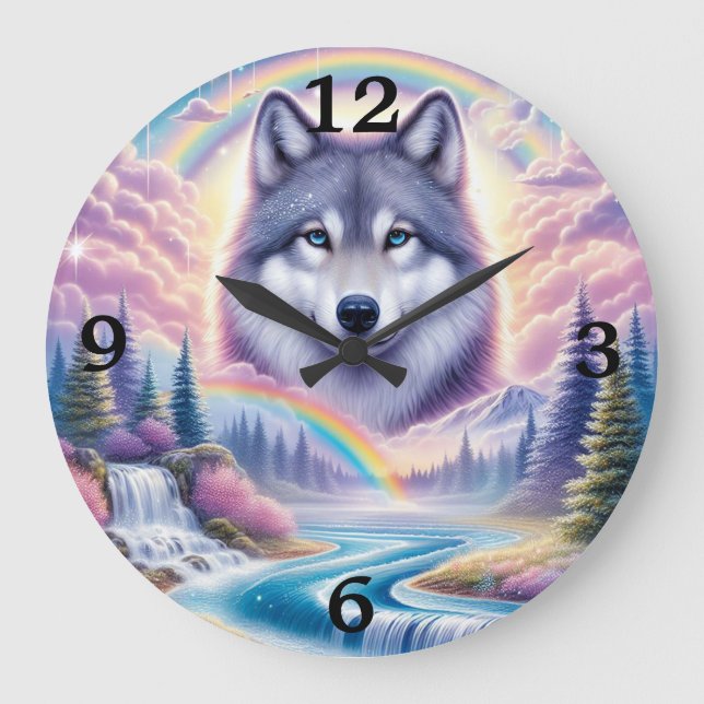 Wolf, Regenbogen und Wasserfälle Große Wanduhr (Vorderseite)