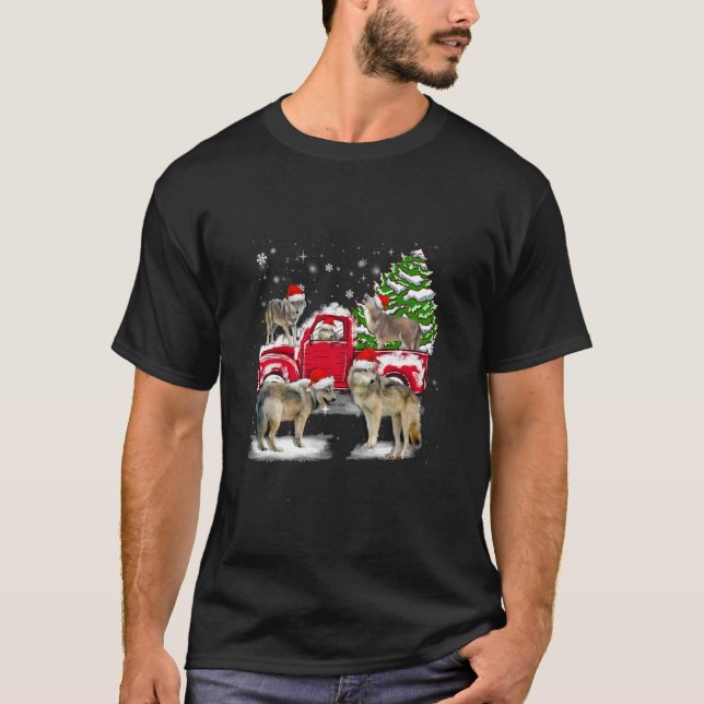 Wolf Riding Red Truck Frohe Weihnachten X mas Ugly T-Shirt (Vorderseite)