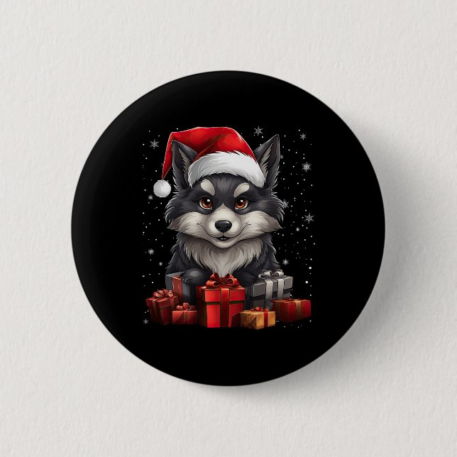 Wolf Santa Claus Hut Weihnachten Schnee Xmas Pyjam Button (Vorderseite)