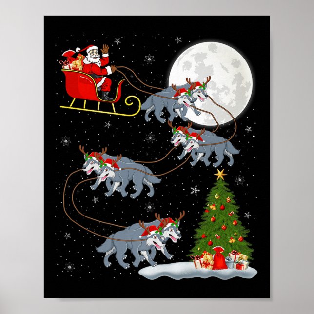 Wolf Santa Sleigh Flying Funny Magical Christmas P Poster (Vorne)