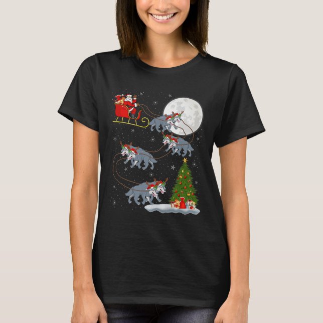 Wolf Santa Sleigh Flying Funny Magical Christmas P T-Shirt (Vorderseite)