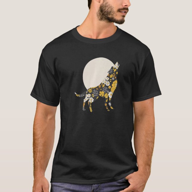 Wolf Silhouette Blume Pattern Dog Friends T-Shirt (Vorderseite)