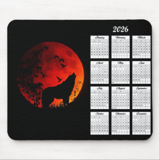 Wolf-Silhouette und Mondblutkalender 2026 Mousepad