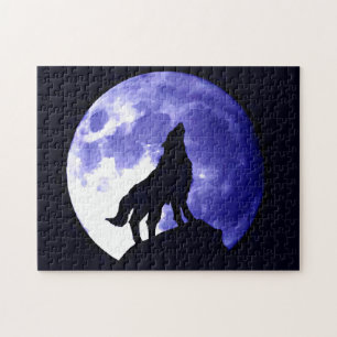 Wolf-Silhouette und Vollmond Puzzle
