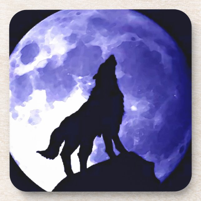 Wolf Silhouette & Vollmond Getränkeuntersetzer (Vorderseite)