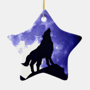 Wolf Silhouette & Vollmond Keramik Ornament