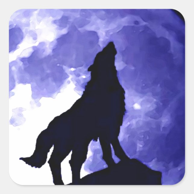 Wolf Silhouette & Vollmond Quadratischer Aufkleber (Vorderseite)