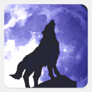 Wolf Silhouette & Vollmond Quadratischer Aufkleber