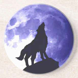 Wolf Silhouette & Vollmond Sandstein Untersetzer