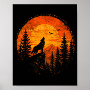 Wolf Sonnenuntergang Berg Wald Wildnis Natur Poster