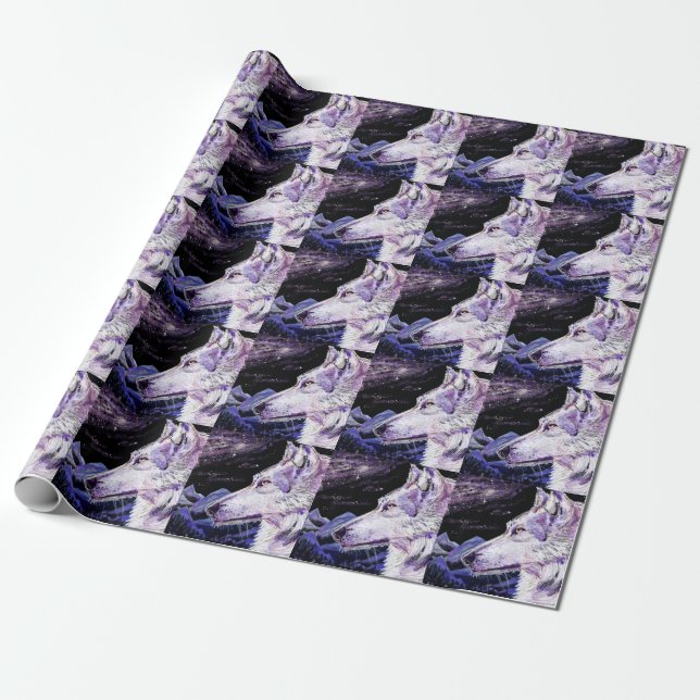 Wolf Space Mountains Forest Painting Geschenkpapier (Ungerollt)