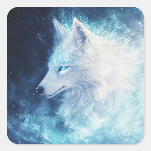 Wolf Spirit with Glowing Eyes in Galaxy Nebula Quadratischer Aufkleber (Vorderseite)
