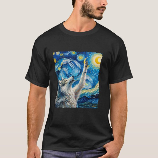 Wolf Starry Night Wilderness Howling Moons Van Gog T-Shirt (Vorderseite)