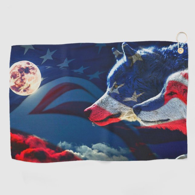 Wolf Stolz auf Land und Flagge Golfhandtuch (Horizontal)
