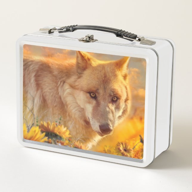 WOLF SUNRISE SPRING FLOWERS METALL BROTDOSE (Vorderseite)