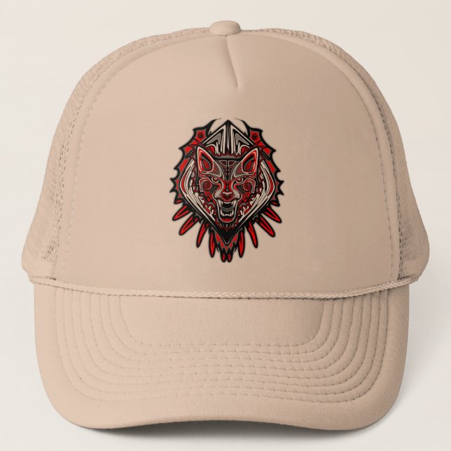 Wolf Tattoo Style Haida Art Trucker Hat Truckerkappe (Vorderseite)