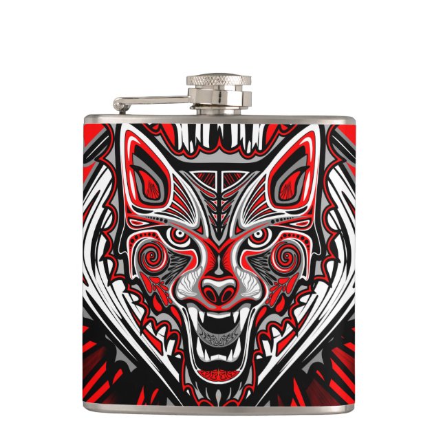 Wolf Tattoo Style Haida Art Vinyl Wrapped Flask Flachmann (Vorderseite)