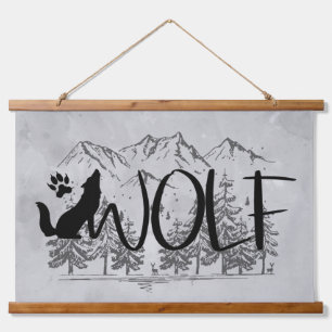 Wolf Text Graphic Art Animal Nature Mountains Wandteppich Mit Holzrahmen