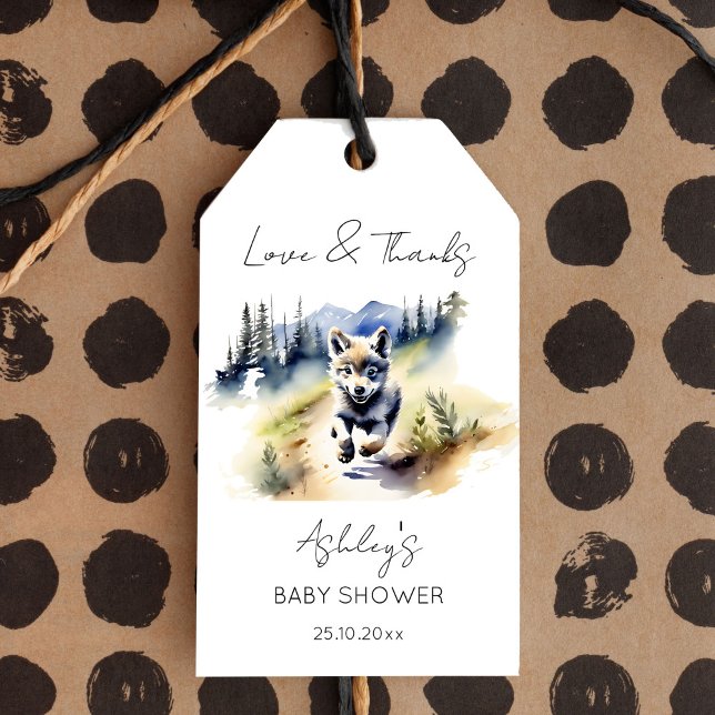 Wolf thematisches Abenteuer erwartet Baby Dusche G Geschenkanhänger (Wolf themed adventure awaits woodlands baby shower favor gift tags watercolor cute wolf in wild)