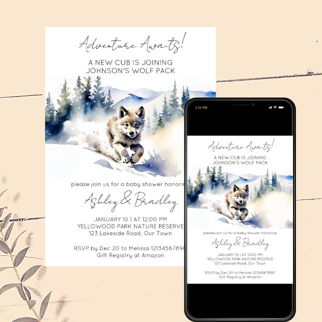 Wolf-Themenabenteuer erwartet Babydusche Einladung (Adventure awaits  wolf winter woodlands themed baby shower editable template invitation download)