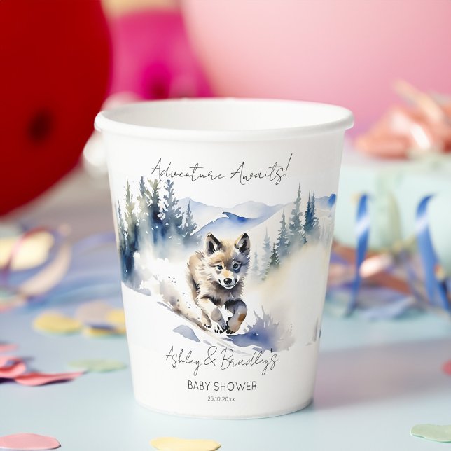 Wolf-Themenabenteuer erwartet Babydusche Pappbecher (Wolf themed baby shower tableware personalized paper cups watercolor cute wolf cub in winter)