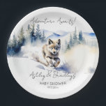 Wolf-Themenabenteuer erwartet Babydusche Pappteller<br><div class="desc">Wolf thematied Adventure erwartet niedlichen Wolfskub,  der die Hügel hinunter läuft,  Babyduschgeschirr personalisierte Teller,  winterliche Alaskan Wildnis Wasserfarbe,  Waldbabydusche,  kleine wilde Dusche,  Babydusche zum Nationalpark,  winterspezifische Babydusche</div>