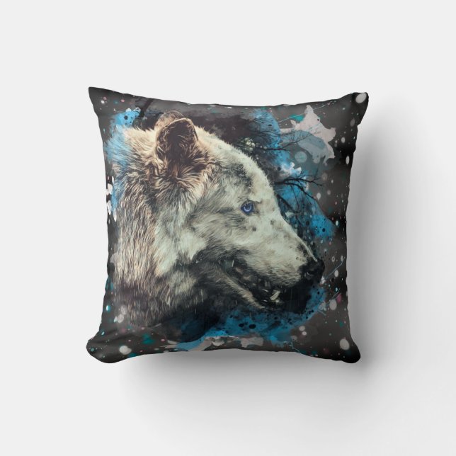 *~* Wolf Totem Blue Abstrakt Polyester Boho Kissen (Vorderseite)