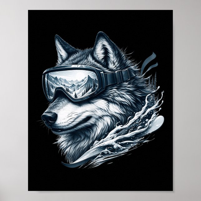 Wolf trägt Ski-Schneebrettbrille Wolf Skifahren  Poster (Vorne)