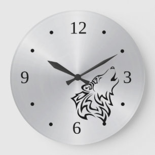 Wolf Tribal Tattoo Vector Silver Black Große Wanduhr
