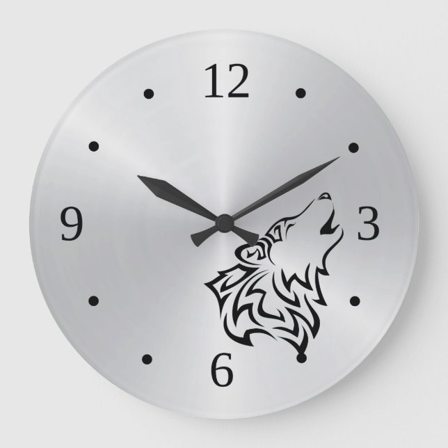 Wolf Tribal Tattoo Vector Silver Black Große Wanduhr (Vorderseite)
