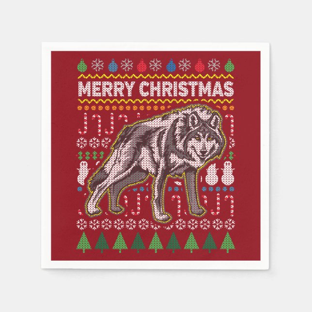 Wolf Ugly Christmas Sweater Wildlife Series Serviette (Vorderseite)