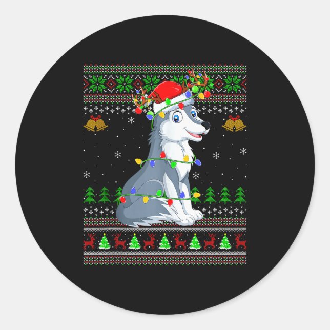 Wolf Ugly Christmas Sweaters Holiday Santa Cute Xm Runder Aufkleber (Vorderseite)