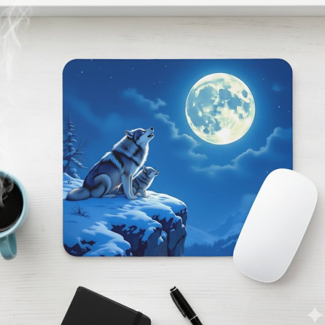 Wolf und Baby Cub Howling auf Vollmond Mousepad (Von Creator hochgeladen)