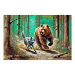 Wolf und Bärenkase Pastel Chalk Forest Scene Poster