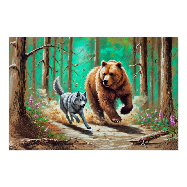 Wolf und Bärenkase Pastel Chalk Forest Scene Poster (Vorderseite)