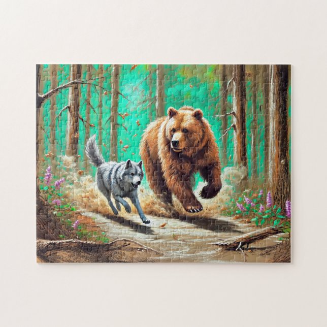 Wolf und Bärenkase Pastel Chalk Forest Scene Puzzle (Horizontal)