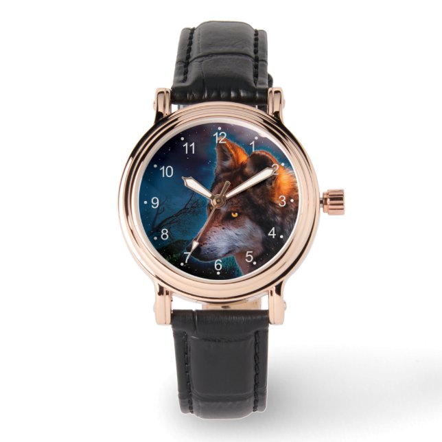 Wolf und der Mond um Mitternacht Armbanduhr (Vorderseite)