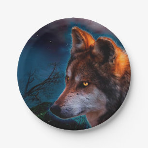 Wolf und der Mond um Mitternacht Pappteller