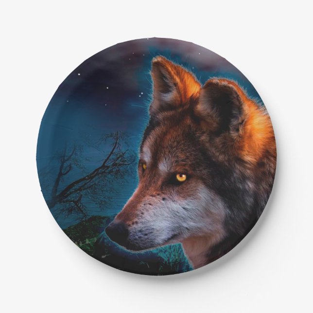 Wolf und der Mond um Mitternacht Pappteller (Vorderseite)