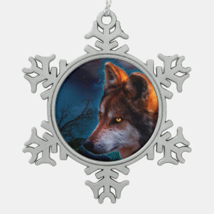 Wolf und der Mond um Mitternacht Schneeflocken Zinn-Ornament
