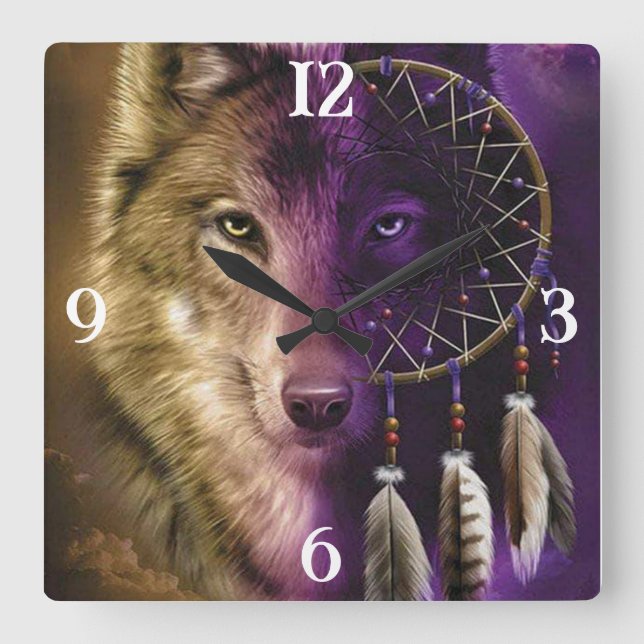 Wolf und Dream Catcher Square Wall Clock Quadratische Wanduhr (Vorderseite)