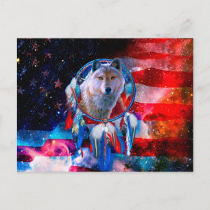 Wolf und Dreamcatcher in amerikanischer Flagge bem Postkarte
