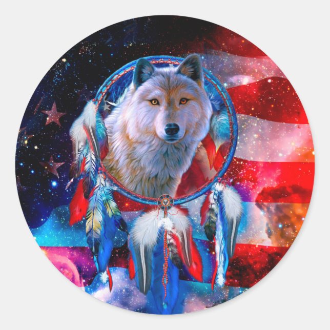 Wolf und Dreamcatcher in amerikanischer Flagge bem Runder Aufkleber (Vorderseite)
